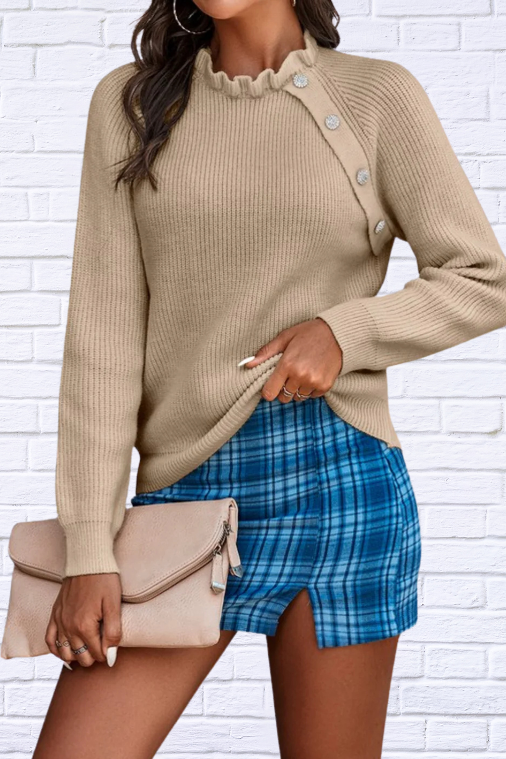 Beige Solid Loose Knit Button Sweater