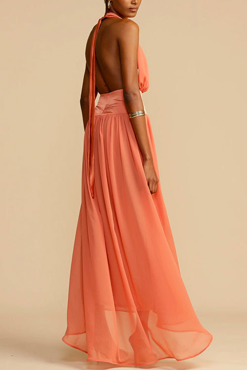 Deep V Neck Halter Backless Flowy Maxi Party Dress