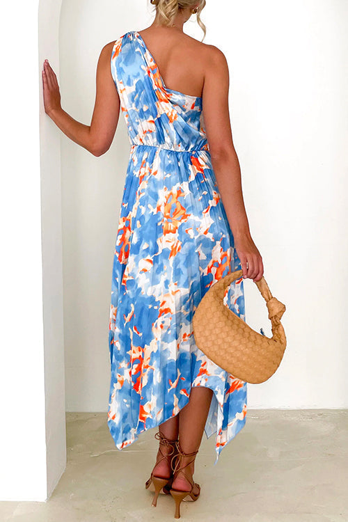 One Shoulder Twist Front Printed Irregular Dress