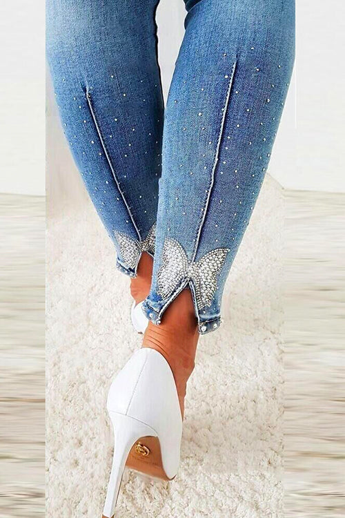 Beaded Butterfly Distressed Skinny Denim Pants