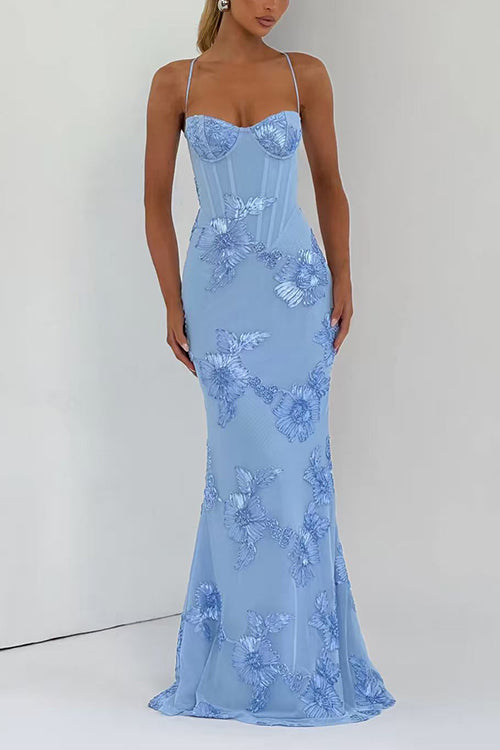 Backless Lace-up Corset Flower Embroidery Maxi Cami Dress