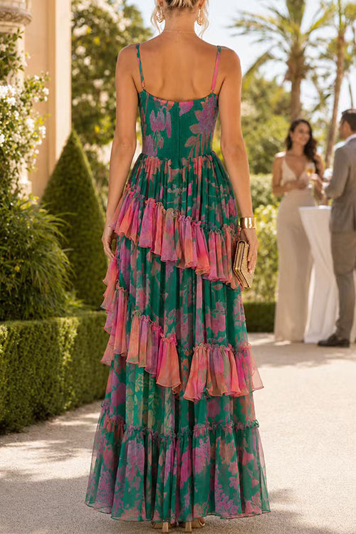 Spaghetti Strap High Waist Printed Ruffle Maxi Dress