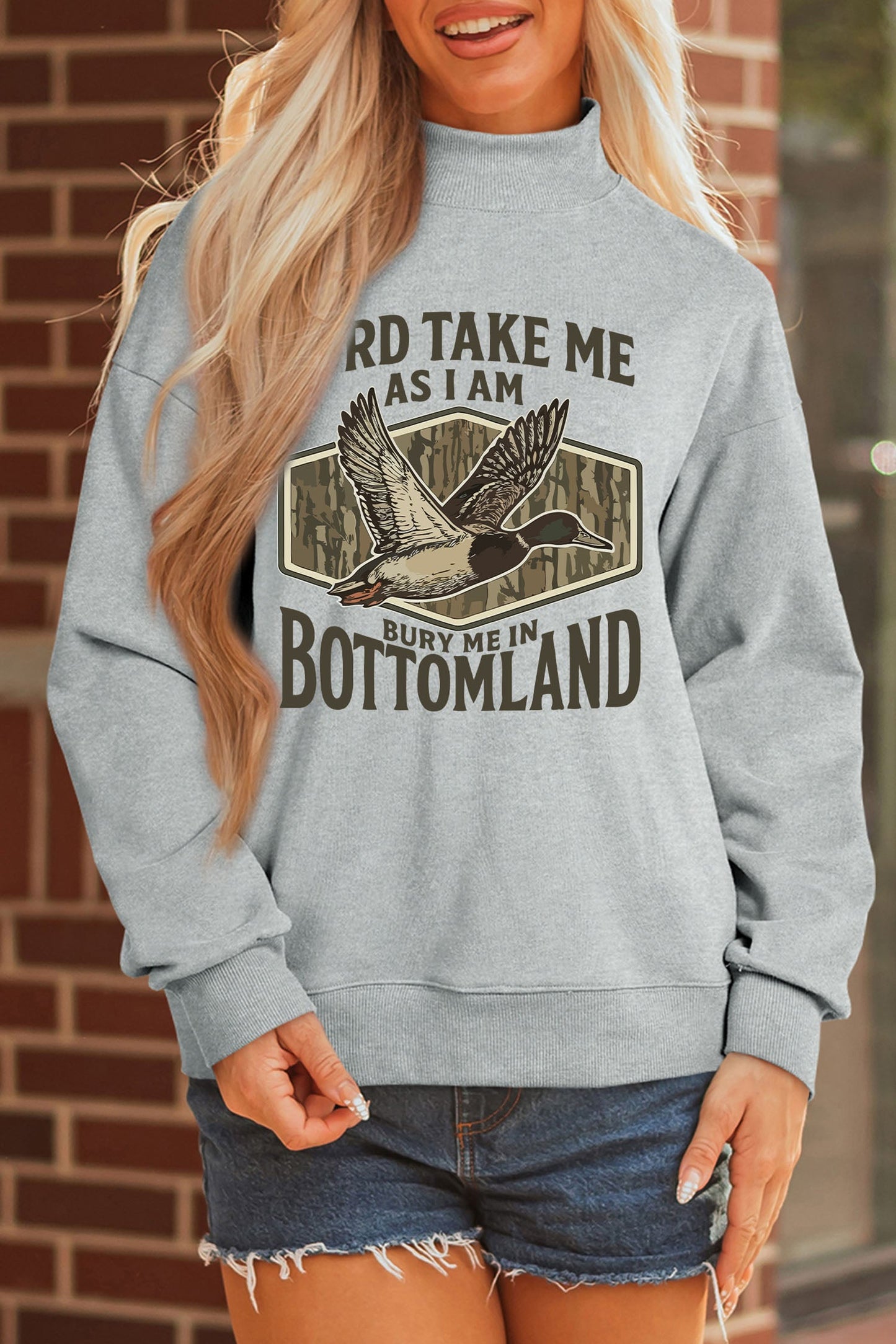 Gray Exposed Seam Mock Neck Western Print Duck Sweatshirt