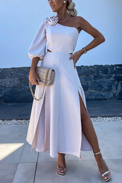 3D Rose One Shoulder Cut Out Waist Slit Midi Satin Dress Apricot