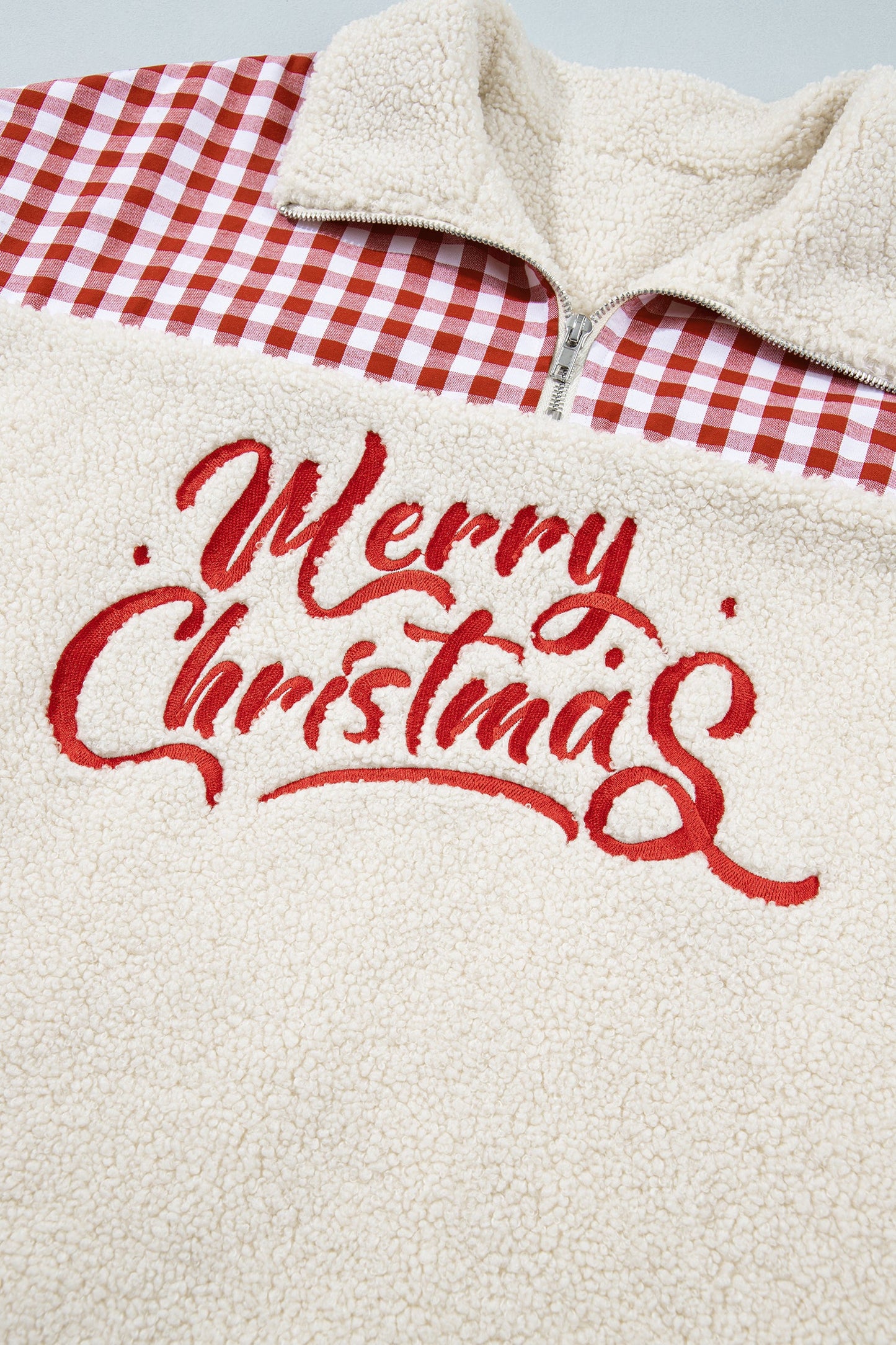 White Plush Plaid Patchwork Merry Christmas Baggy Sweatshirt
