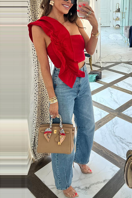 Haut court à volants sans manches à une épaule