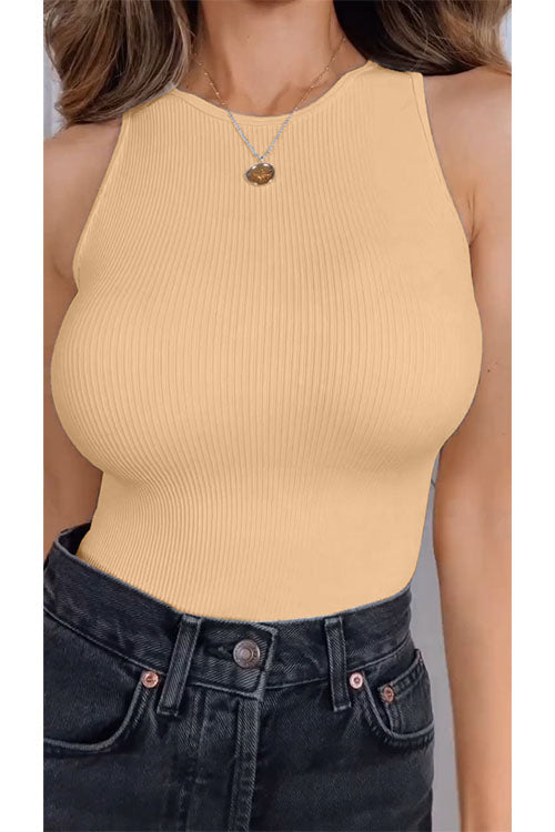 Sleeveless Stretchy Triangle Swim Inspired Bodysuit Khaki