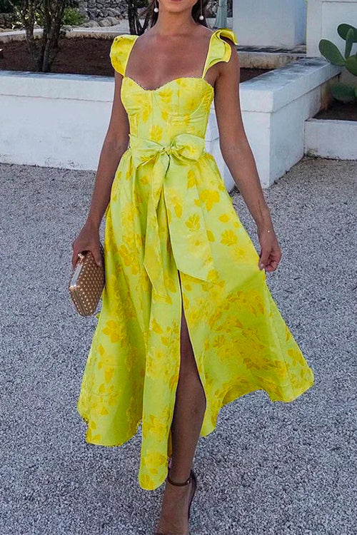 Ruffled Shoulder Bow Knot Waist Slit Printed Vintage Party Dress Yellow
