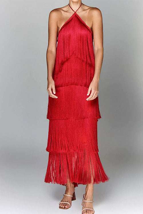 Chicest Halter Ruffle Layered Fringe Maxi Party Dress Red