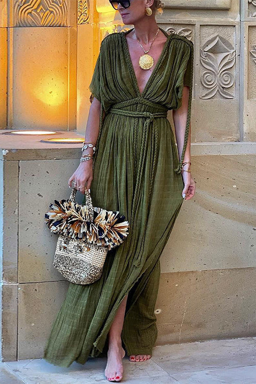 Deep V Neck Tie Waist Side Slit Maxi Vacation Dress