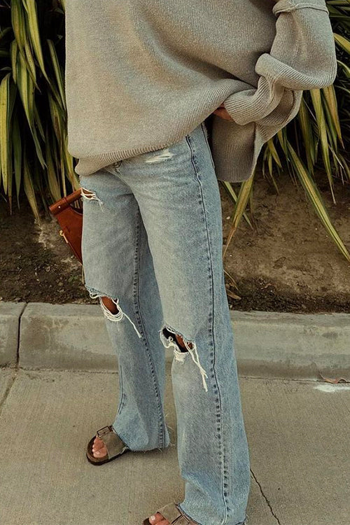 Raw Hem Straight Leg Ripped Denim Pants