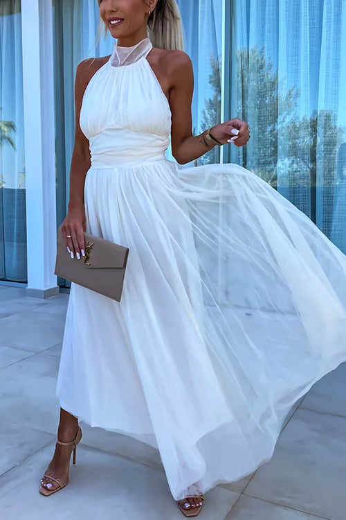 Halter Backless Waisted Tulle Maxi Dress White