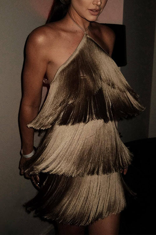Halter Ruffle Tiered Fringe Mini Party Dress