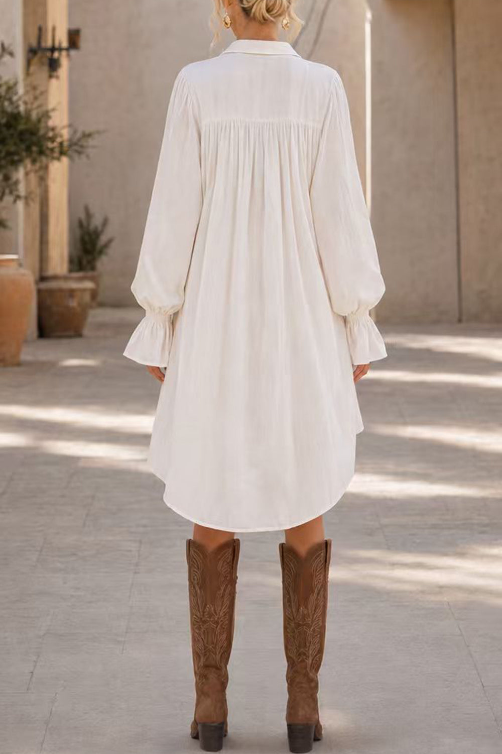 Lapel Bell Long Sleeves High Low Hem Shirt Dress