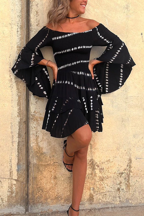 Off Shoulder Bell Sleeve Tie Dye Mini Dress