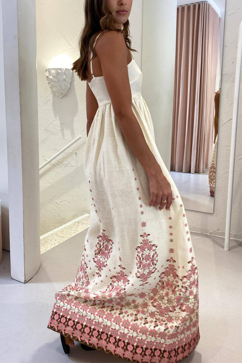 Spaghetti Strap High Waist Floral Print Cotton Linen Maxi Dress