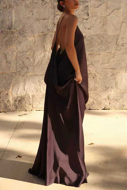 Sleeveless Open Back Solid Satin Maxi Dress
