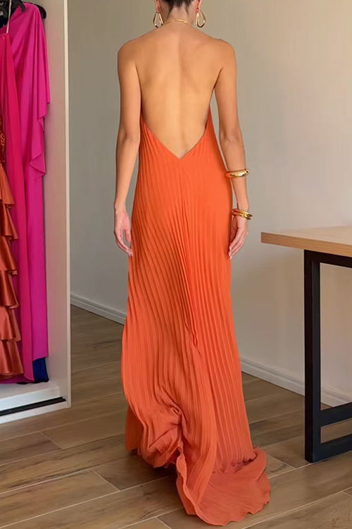 Halter Open Back Pleated Maxi Dress