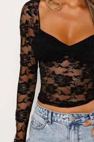 Blue Zone Planet | Lace Sweetheart Neck Long Sleeve T-Shirt
