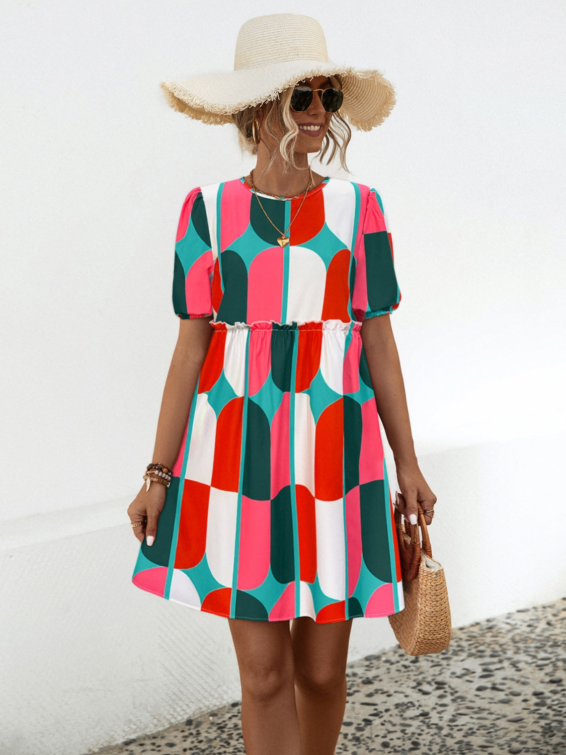 Blue Zone Planet | Geometric Frill Round Neck Short Sleeve Dress