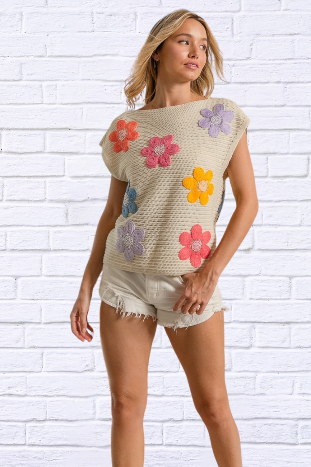 Multi Jeweled Crochet Flower Patch Sweater Vest