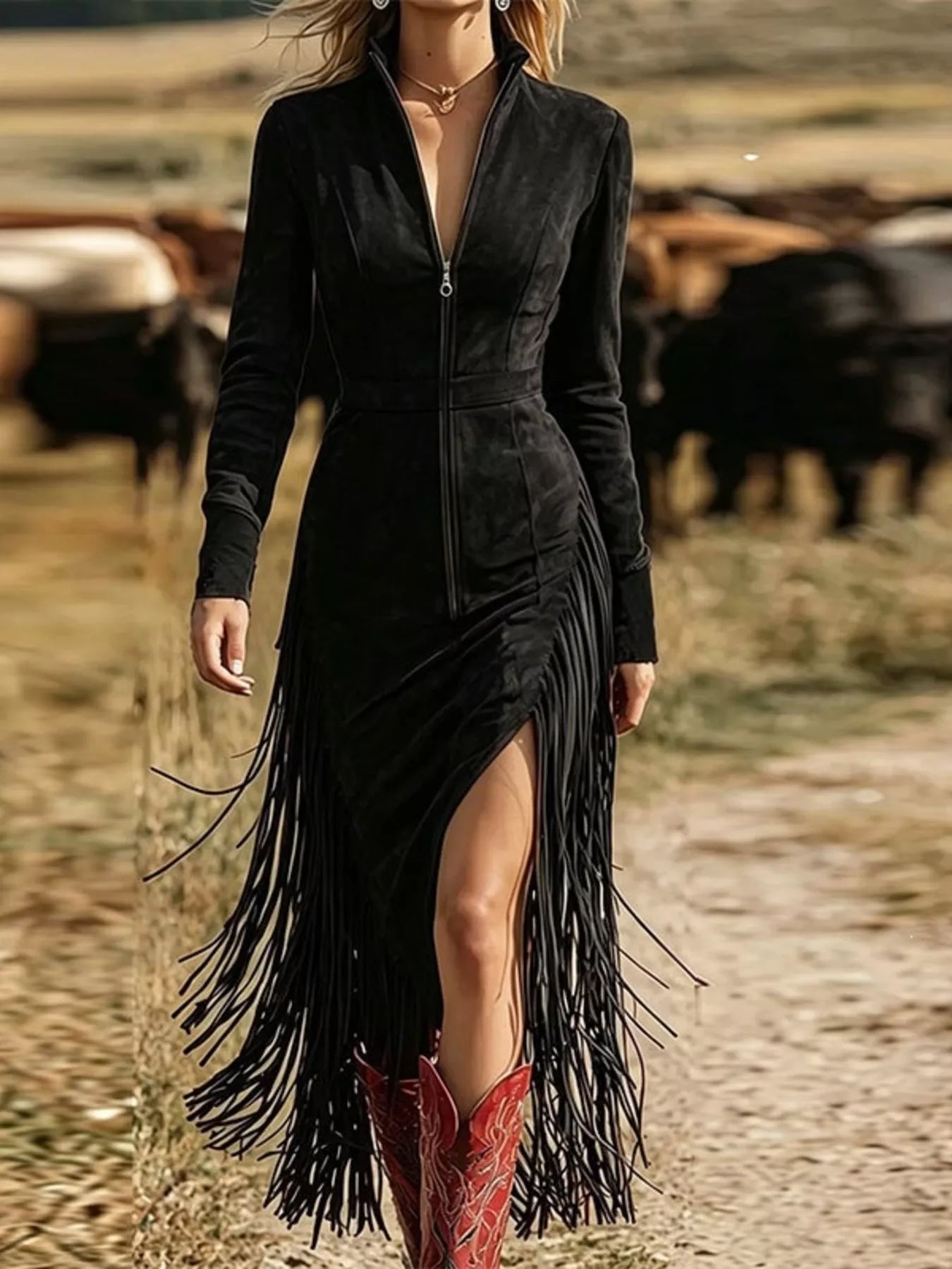 Fringe Zip-Front Midi Dress