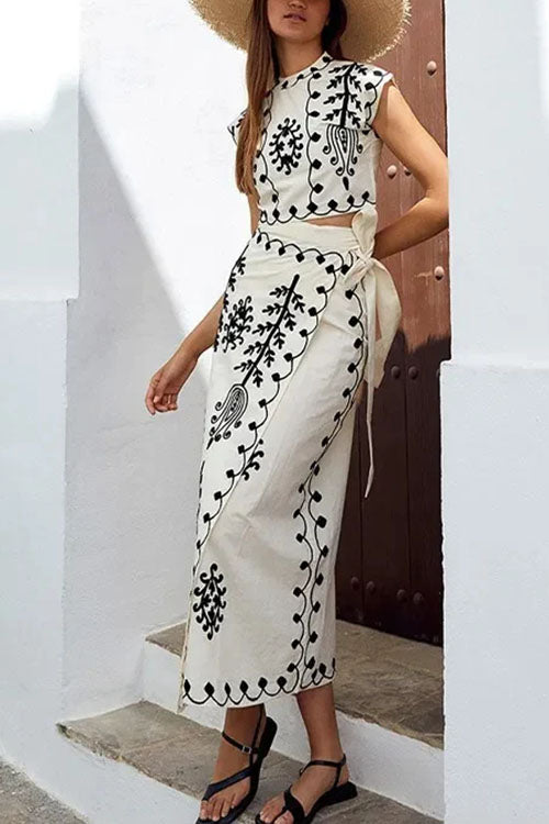 Printed Cap Sleeves Crop Top Tie Waist Maxi Wrap Skirt Set White