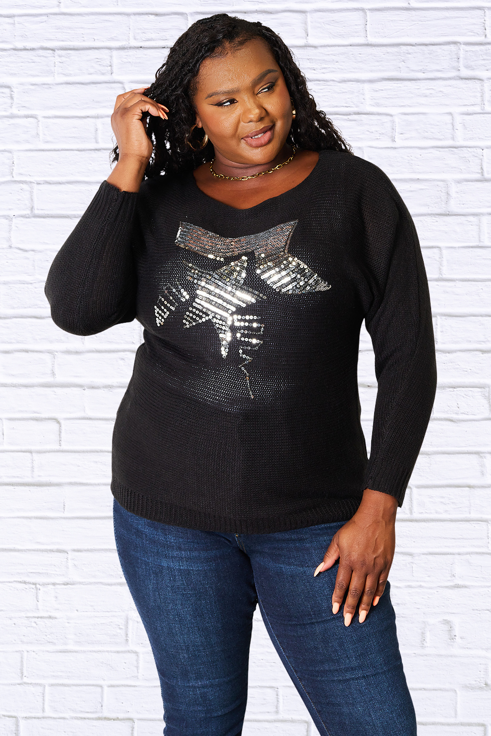 Sequin Graphic Dolman Sleeve Knit Top