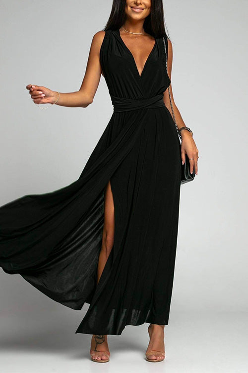 V Neck Sleeveless Back Criss Cross High Slit Maxi Party Dress Black