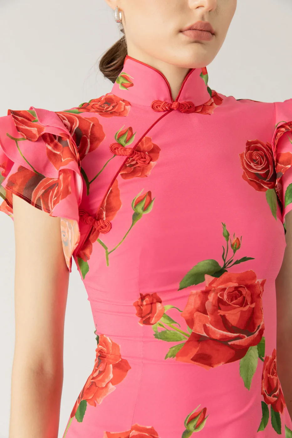 Robe longue extensible à manches évasées et à imprimé floral rose style cheongsam