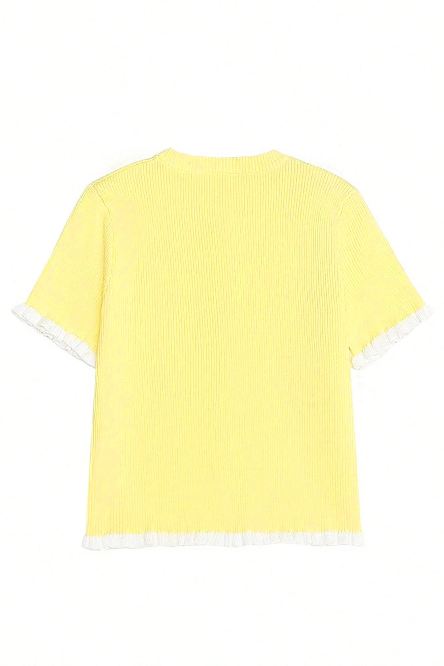 Yellow Cream Ribbed Knit Contrast Frilled Short Sleeve Sweater Cardigan