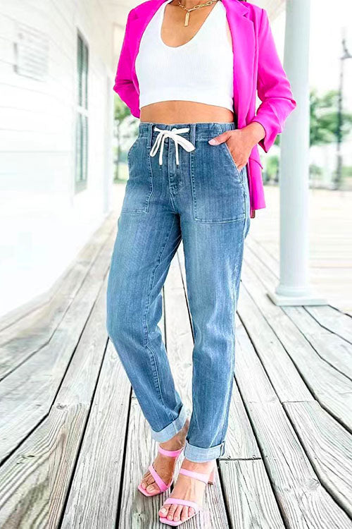 Drawstring Waist Distressed Pocketed Denim Pants LightBlue