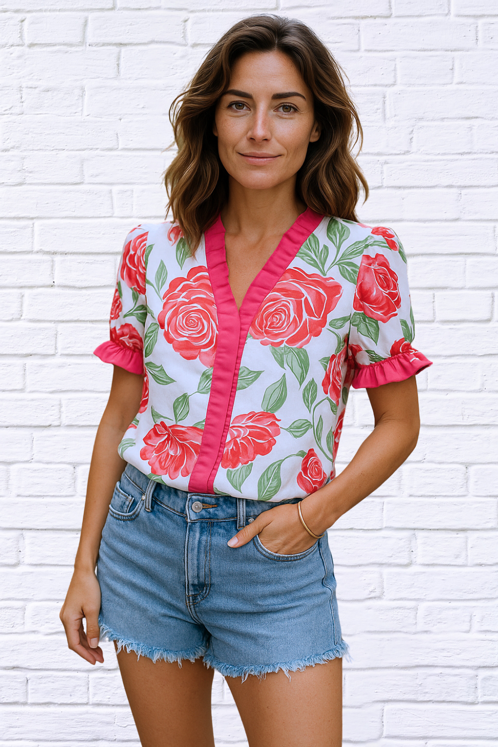 Floral Frilled V-Neck Short Sleeve Blouse