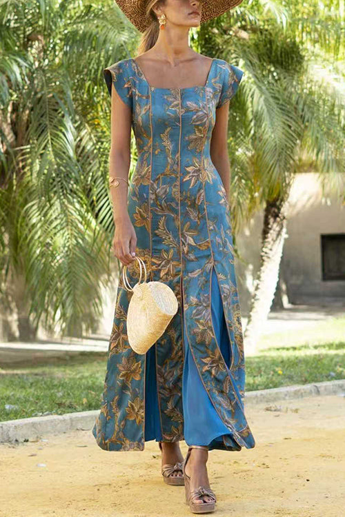 Short Sleeves Floral Print Swing Maxi Dress – Voeza
