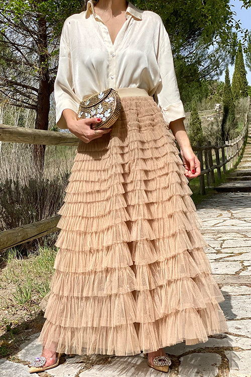 Ruffle Layered Pleated Tulle Maxi Skirt