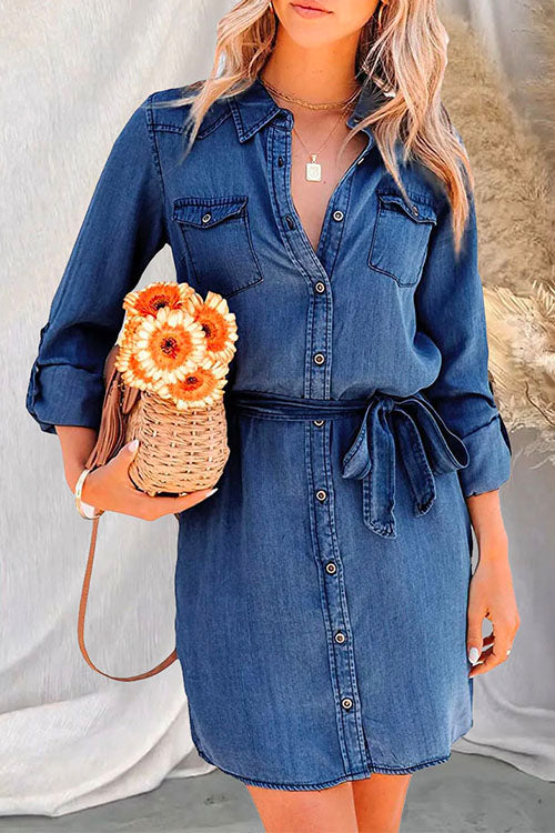 Rolled Up Long Sleeves Tie Waist Denim Shirt Dress DarkBlue