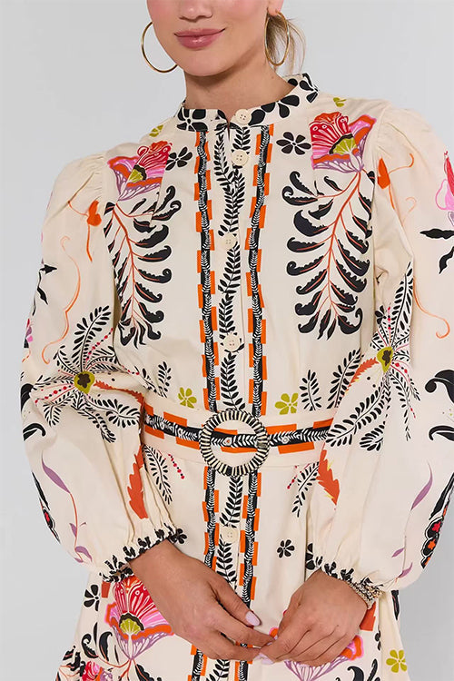 Puff Long Sleeves Button Up Floral Print Ruffle Mini Dress