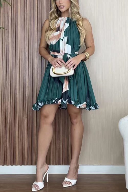 Sleeveless Floral Print Pleated Mini Dress