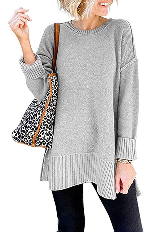 Drop Shoulder Side Split Loose Sweater Gray