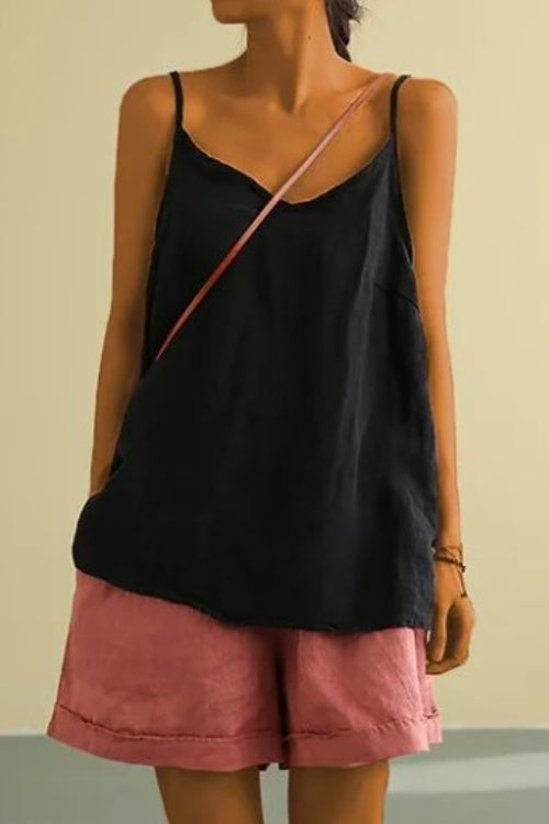 Scoop Neck Solid Cotton Linen Cami Top Black