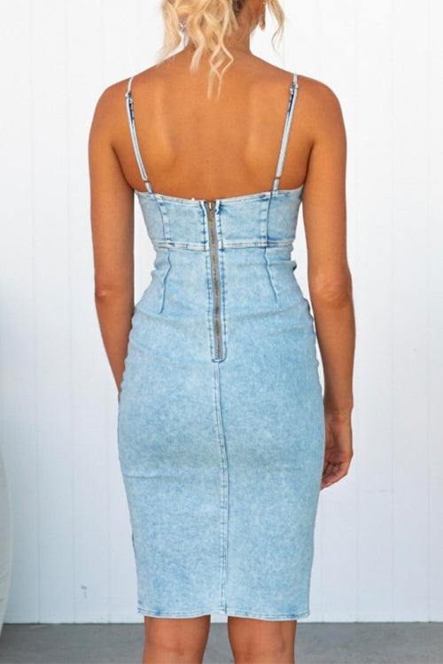 High Waist Slit Distressed Denim Bodycon Cami Dress