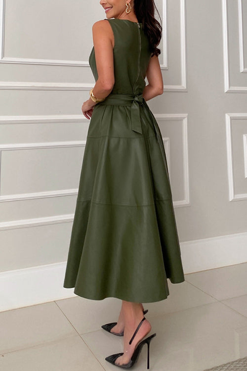 Sleeveless Tie Waist Ruffle Tiered Faux Leather Midi Dress