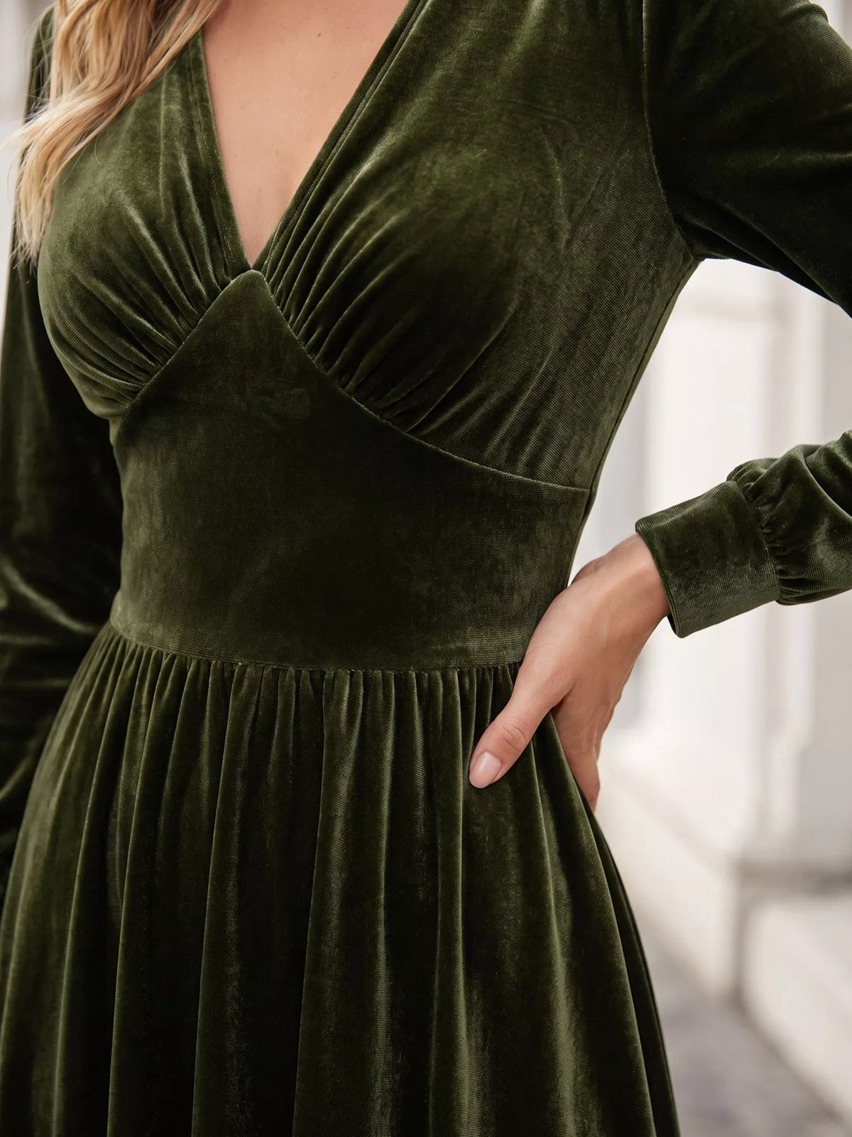 Plus Size V-Neck Long Sleeve Velvet Maxi Dress