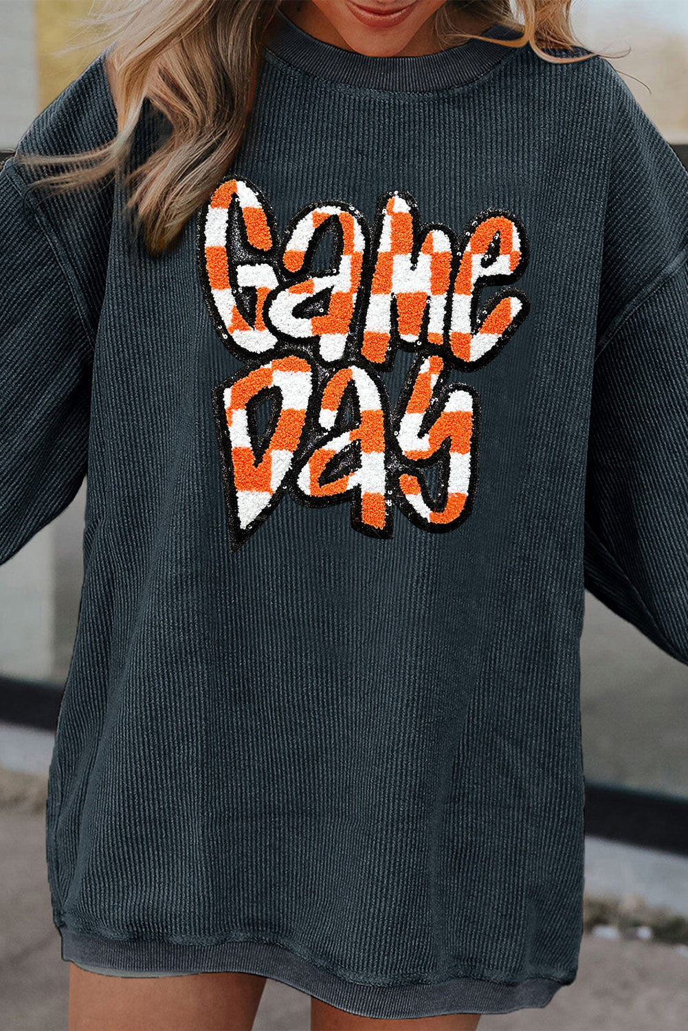 Dark Blue Chenille Checkered Game Day Graphic Drop Shoulder Corded Sweatshirt