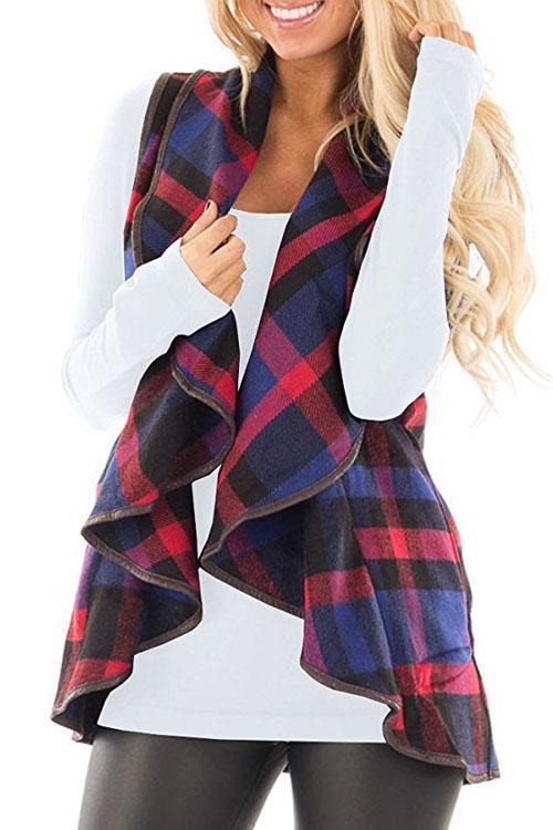 Pockets Plaid Jacket Vest Blue