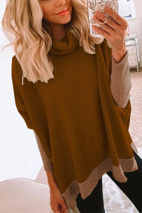 Cowl Neck Long Sleeve Side Split Sweatshirt Coffee