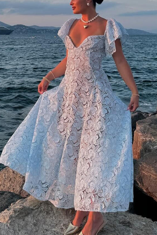 V Neck Flare Sleeves Floral Lace Midi Dress