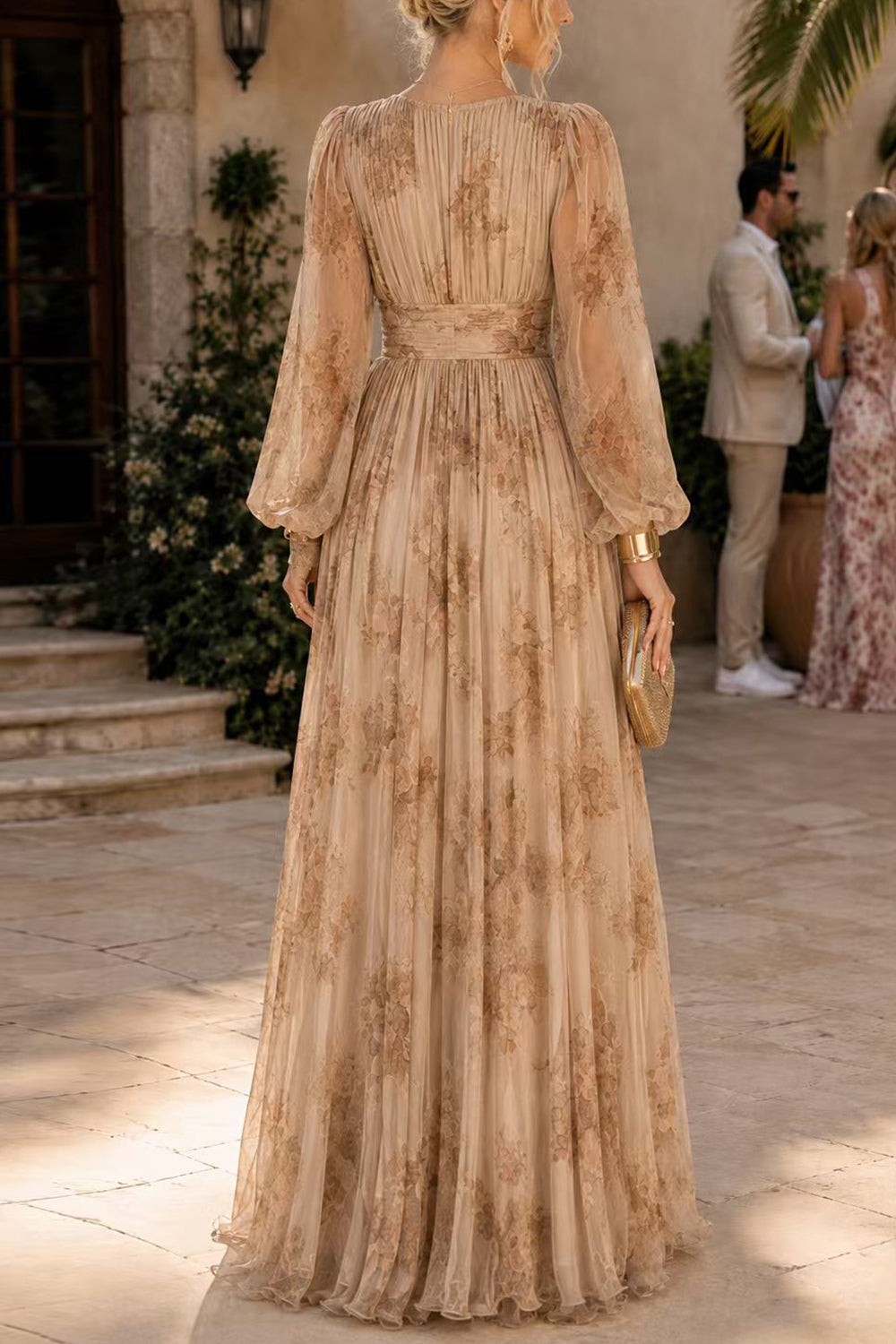 V Neck Puff Long Sleeves Floral Print Maxi Dress