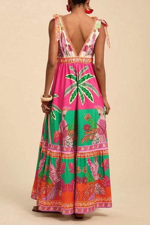Bow Shoulder V Neck Sleeveless Printed Maxi Vacation Dress