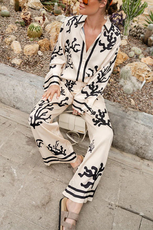 Coral Reef Print Long Sleeves Blouse Shirt Wide Leg Pants Satin Set